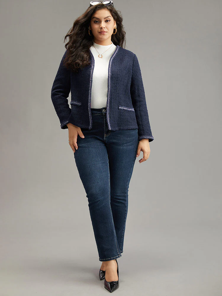 Solid Open Front Patchwork Stitch Blazer - Image 4