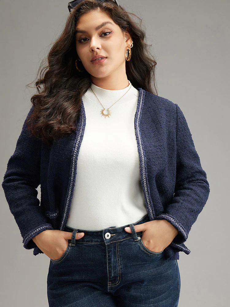 Solid Open Front Patchwork Stitch Blazer - Image 5