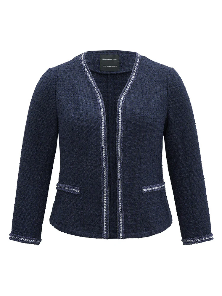 Solid Open Front Patchwork Stitch Blazer - Image 8