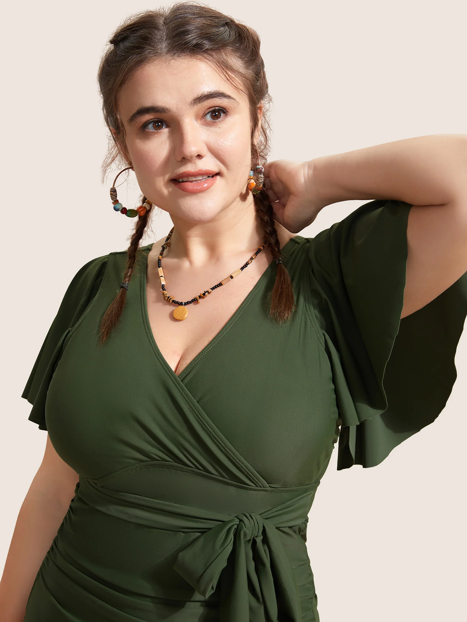 Solid Overlap Collar Ruffle Sleeve One Piece Swimsuit - Image 4