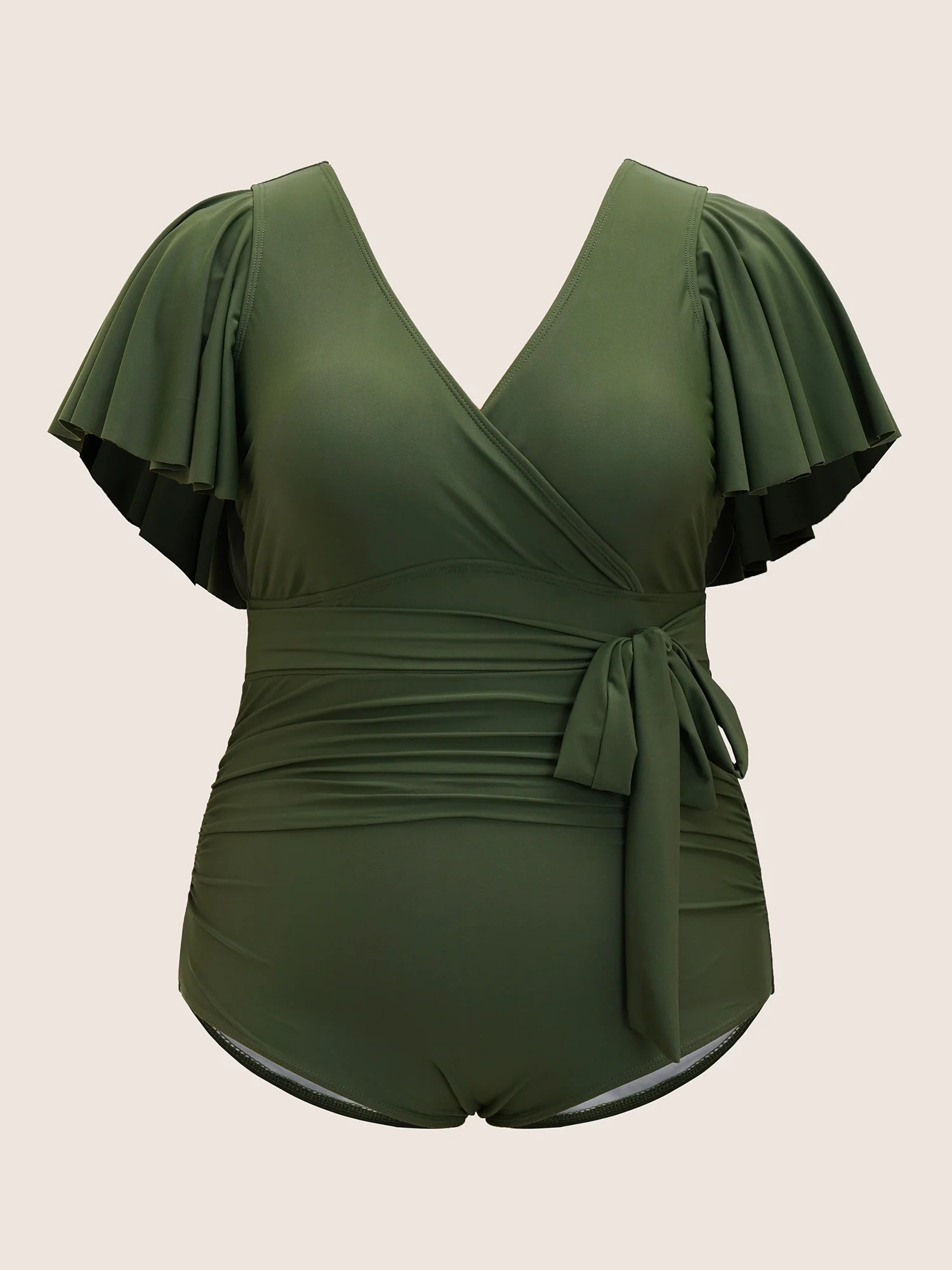 Solid Overlap Collar Ruffle Sleeve One Piece Swimsuit - Image 7