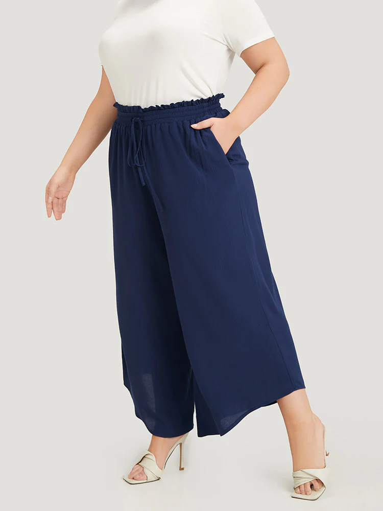 Solid Paperbag Waist Asymmetrical Hem Wide Leg Pants - Image 2