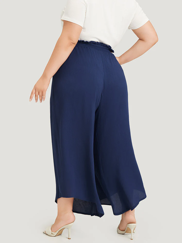 Solid Paperbag Waist Asymmetrical Hem Wide Leg Pants - Image 3