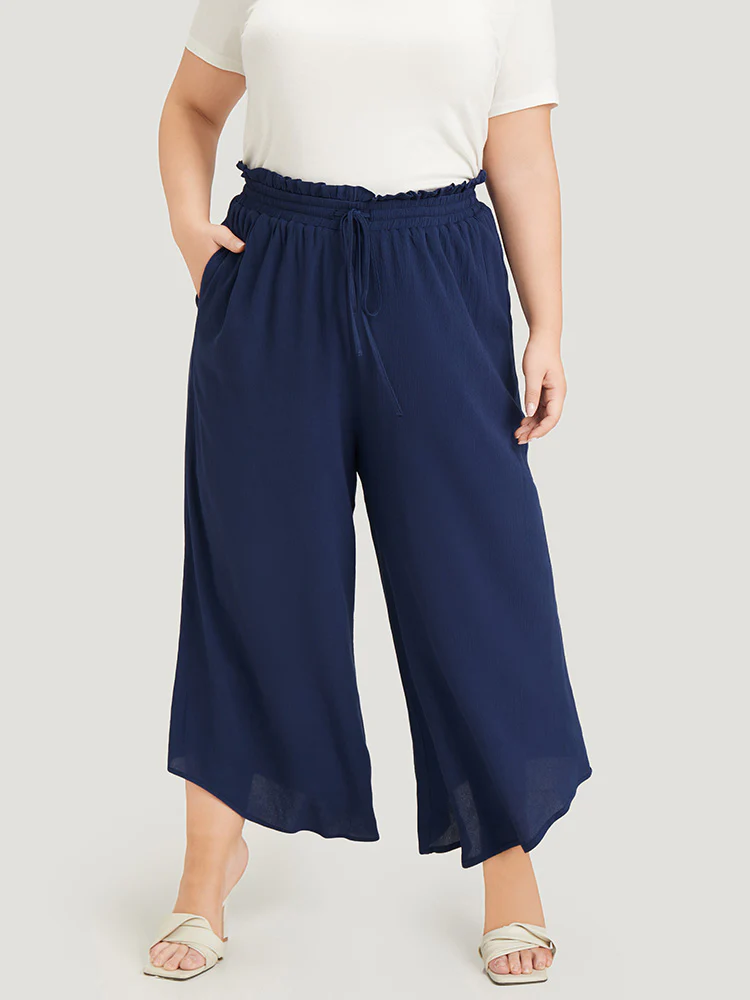 Solid Paperbag Waist Asymmetrical Hem Wide Leg Pants - Image 4