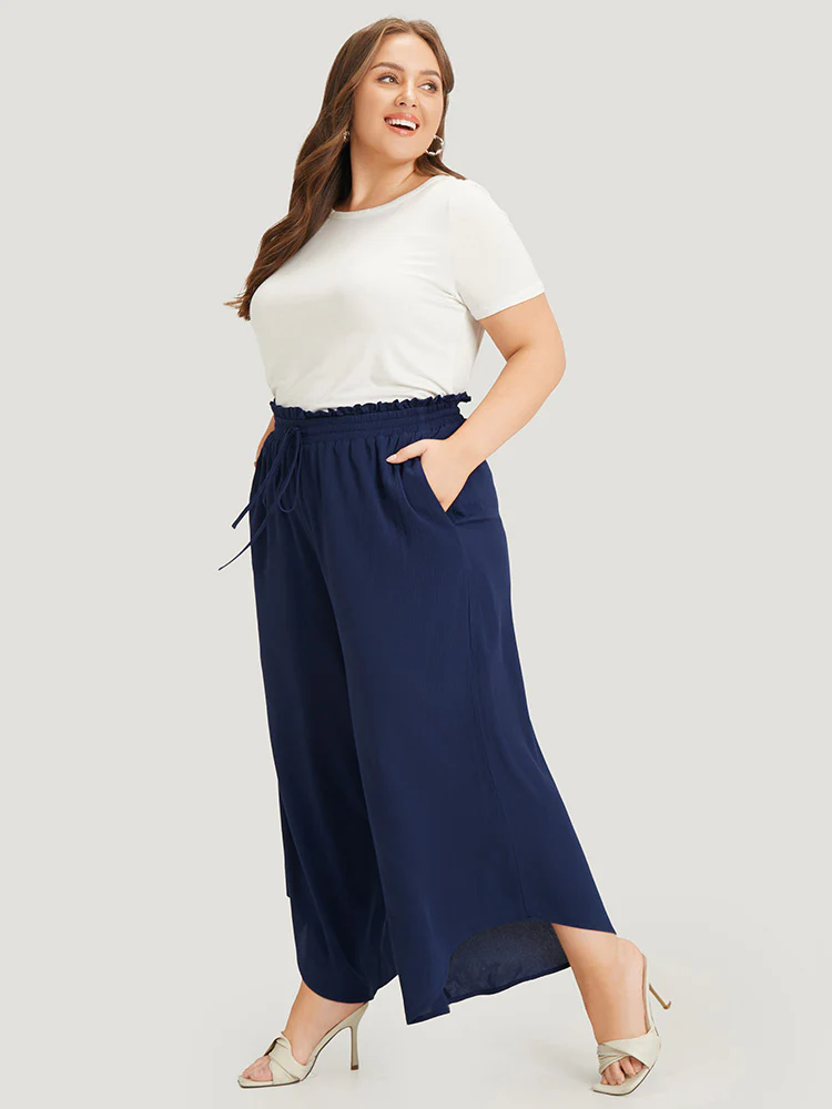 Solid Paperbag Waist Asymmetrical Hem Wide Leg Pants - Image 5