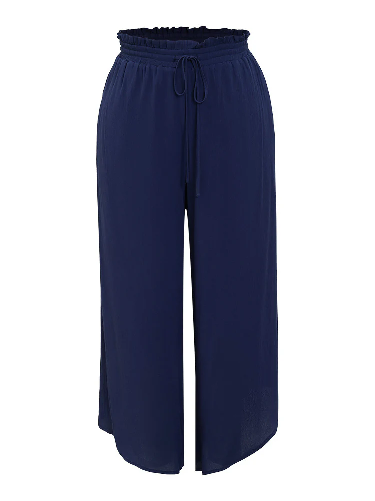Solid Paperbag Waist Asymmetrical Hem Wide Leg Pants - Image 9