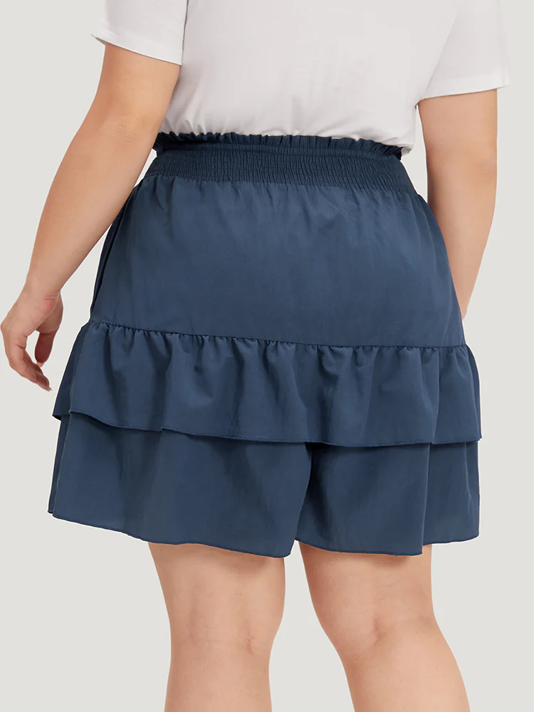 Solid Paperbag Waist Shirred Layered Hem Shorts - Image 4