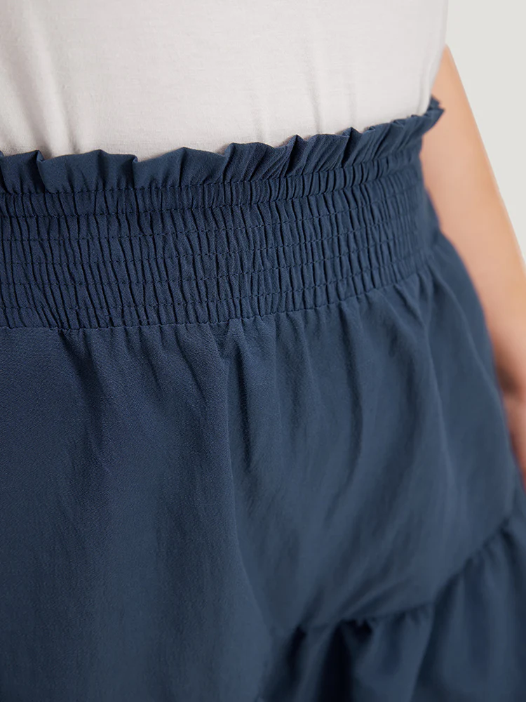 Solid Paperbag Waist Shirred Layered Hem Shorts - Image 5