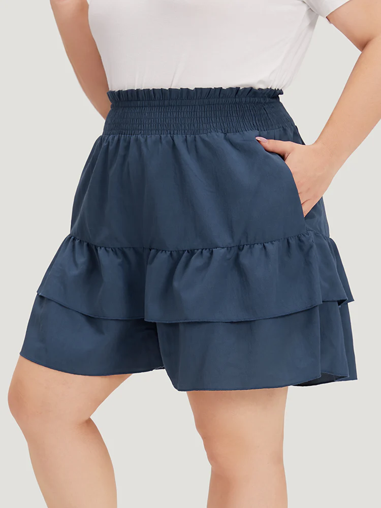 Solid Paperbag Waist Shirred Layered Hem Shorts - Image 6