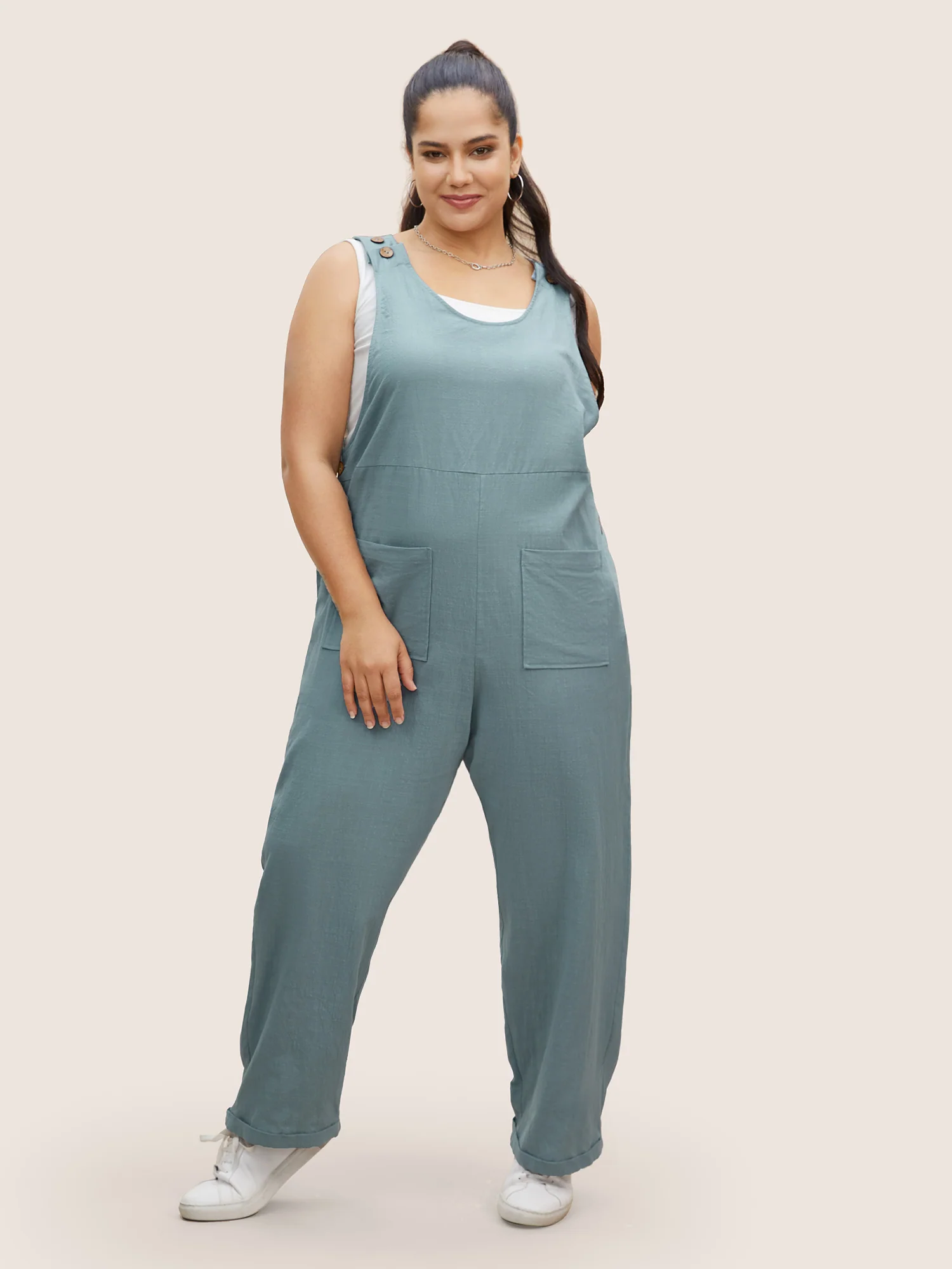 Cotton Solid Patch Pocket Button Detail Jumpsuit - Image 2