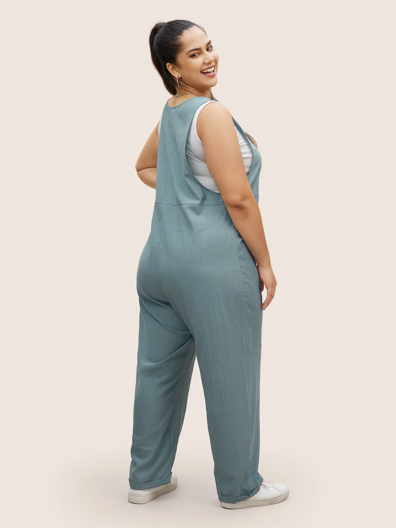 Cotton Solid Patch Pocket Button Detail Jumpsuit - Image 4