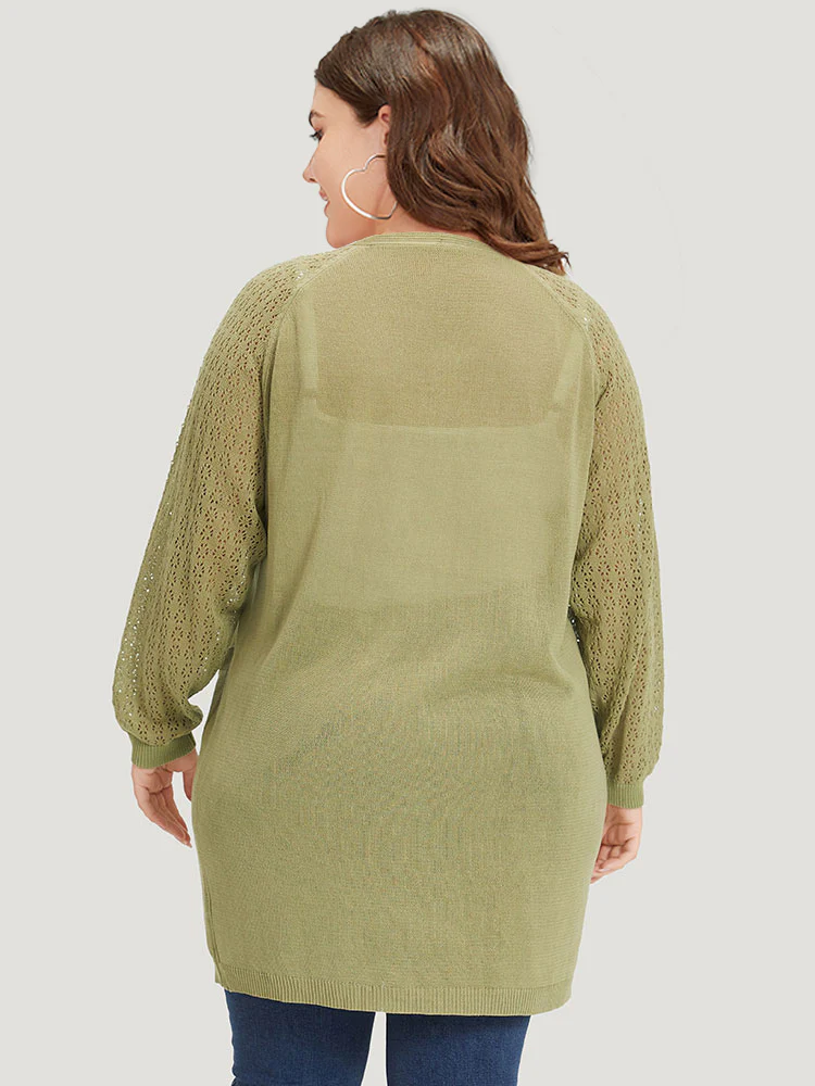 Solid Patched Pocket Geometric Eyelet Raglan Sleeve Cardigan - Image 2