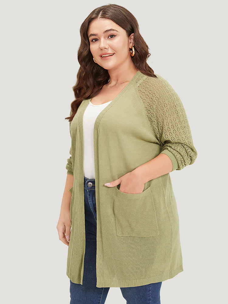 Solid Patched Pocket Geometric Eyelet Raglan Sleeve Cardigan - Image 3