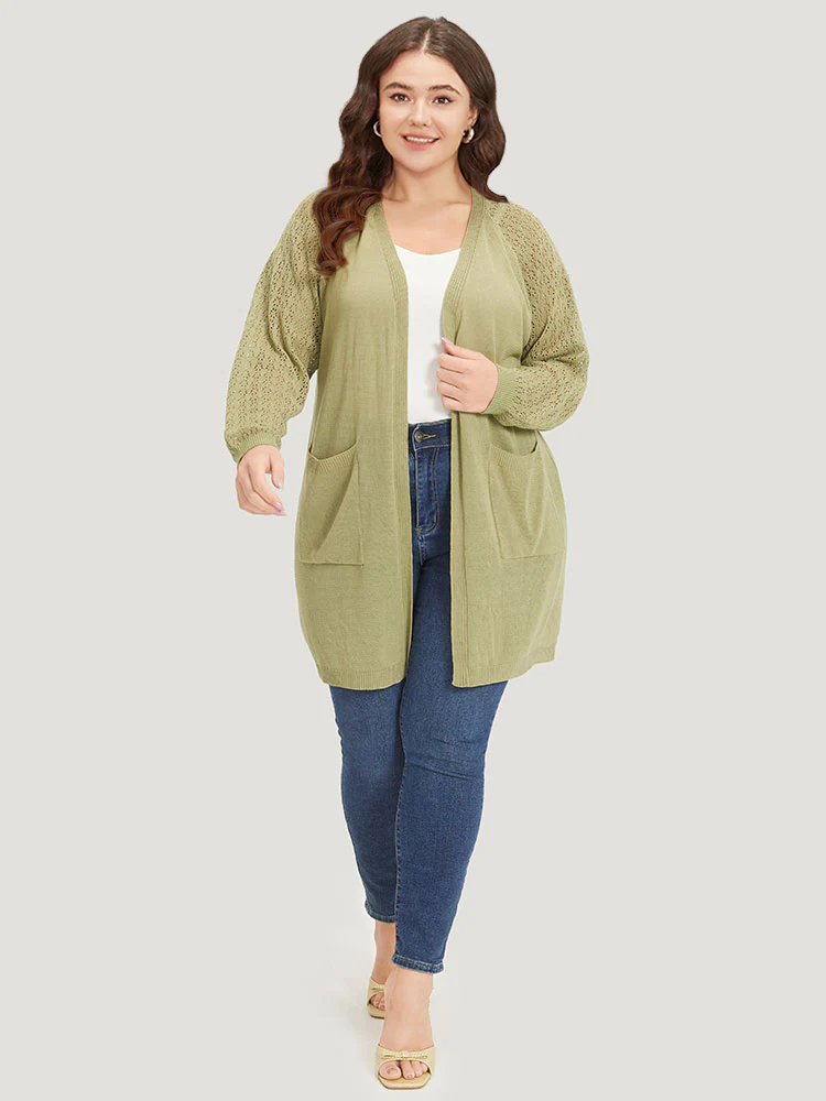 Solid Patched Pocket Geometric Eyelet Raglan Sleeve Cardigan - Image 4