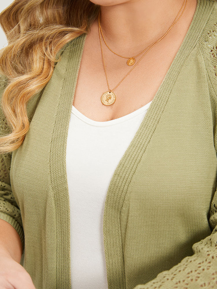 Solid Patched Pocket Geometric Eyelet Raglan Sleeve Cardigan - Image 5
