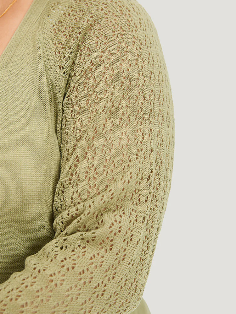 Solid Patched Pocket Geometric Eyelet Raglan Sleeve Cardigan - Image 7