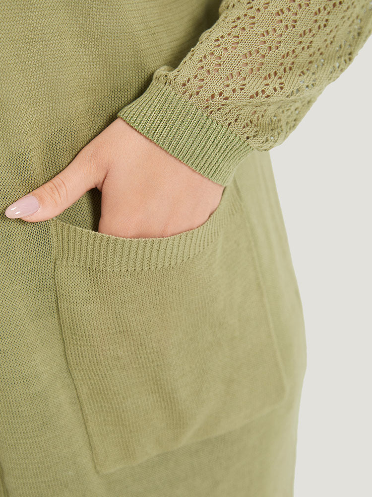 Solid Patched Pocket Geometric Eyelet Raglan Sleeve Cardigan - Image 8