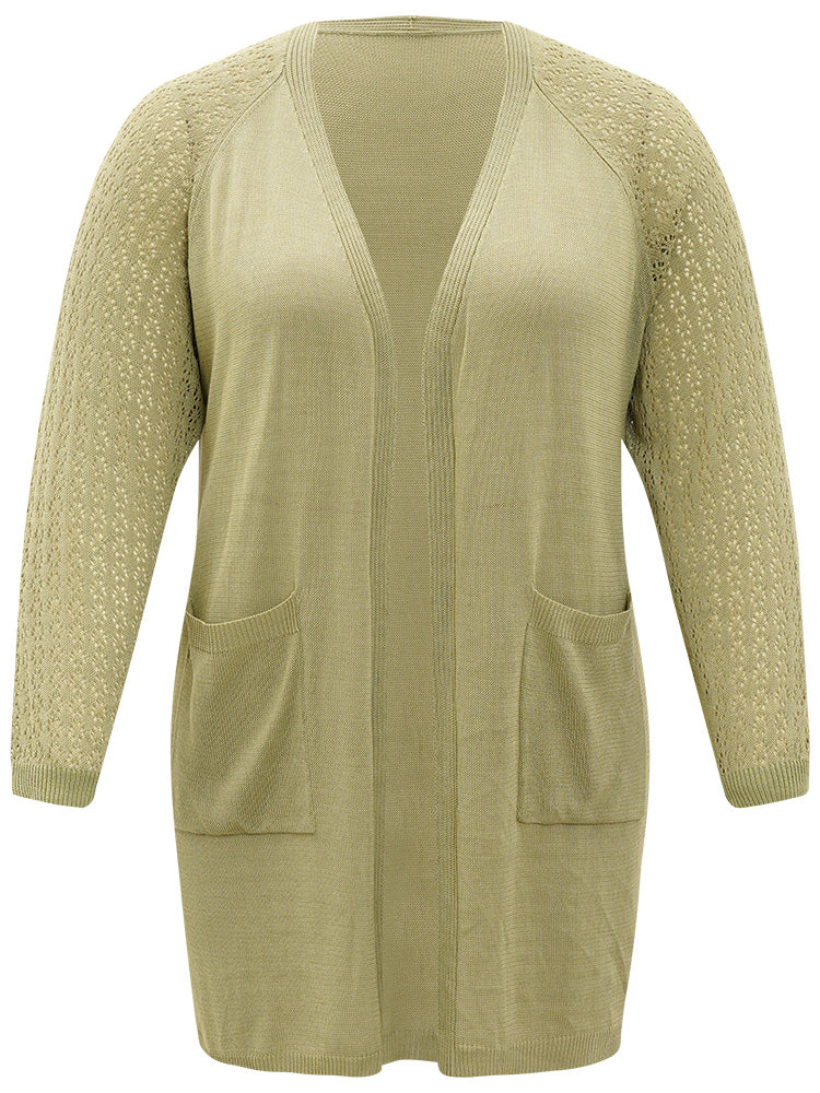 Solid Patched Pocket Geometric Eyelet Raglan Sleeve Cardigan - Image 9