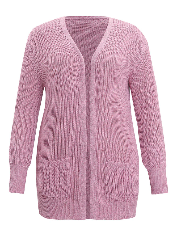Solid Patched Pocket Lantern Sleeve Open Front Cardigan - Image 11