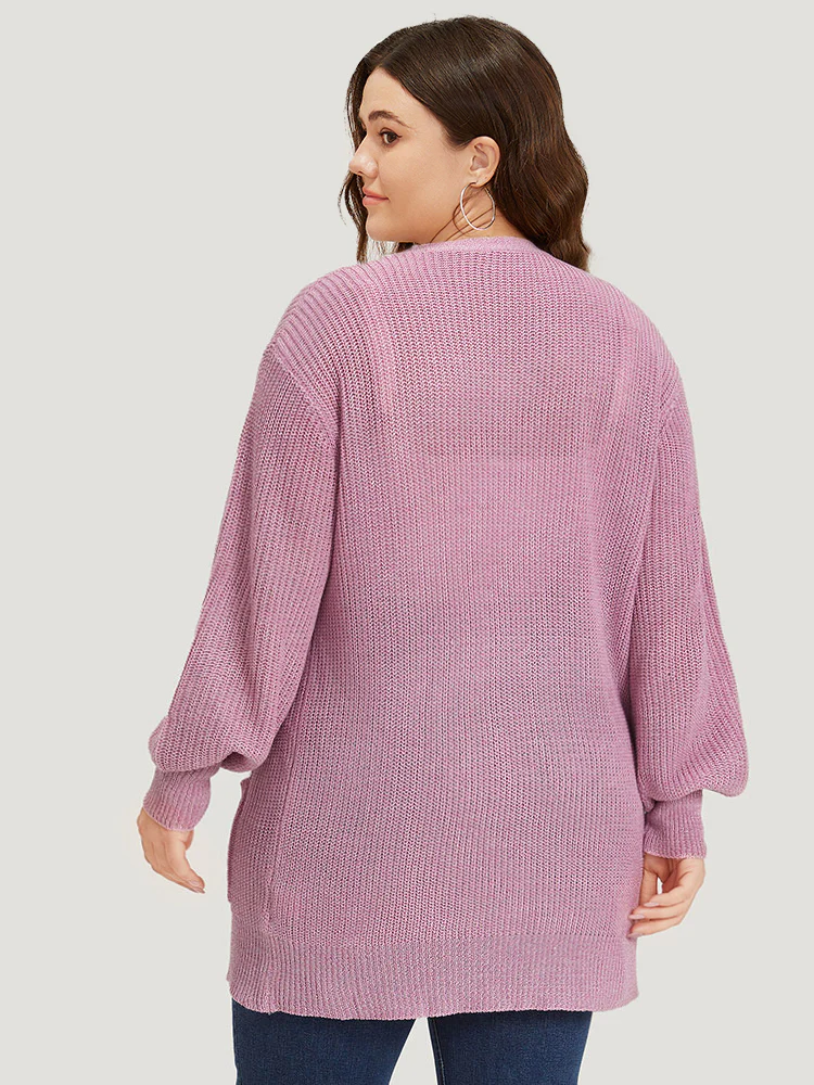 Solid Patched Pocket Lantern Sleeve Open Front Cardigan - Image 2