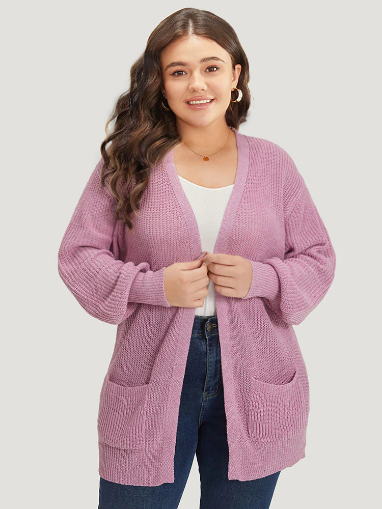 Solid Patched Pocket Lantern Sleeve Open Front Cardigan - Image 3