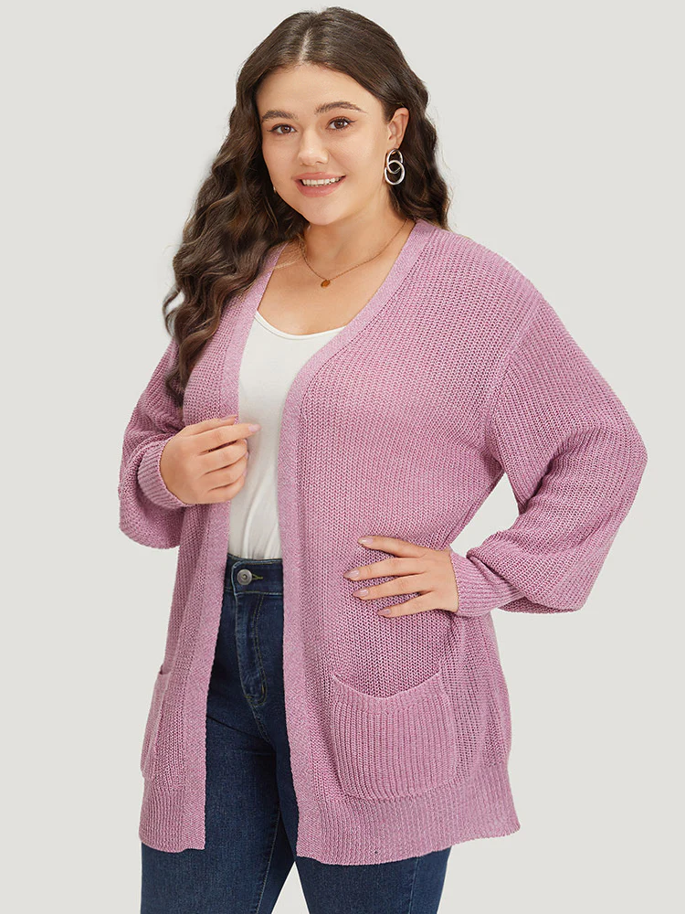 Solid Patched Pocket Lantern Sleeve Open Front Cardigan - Image 4