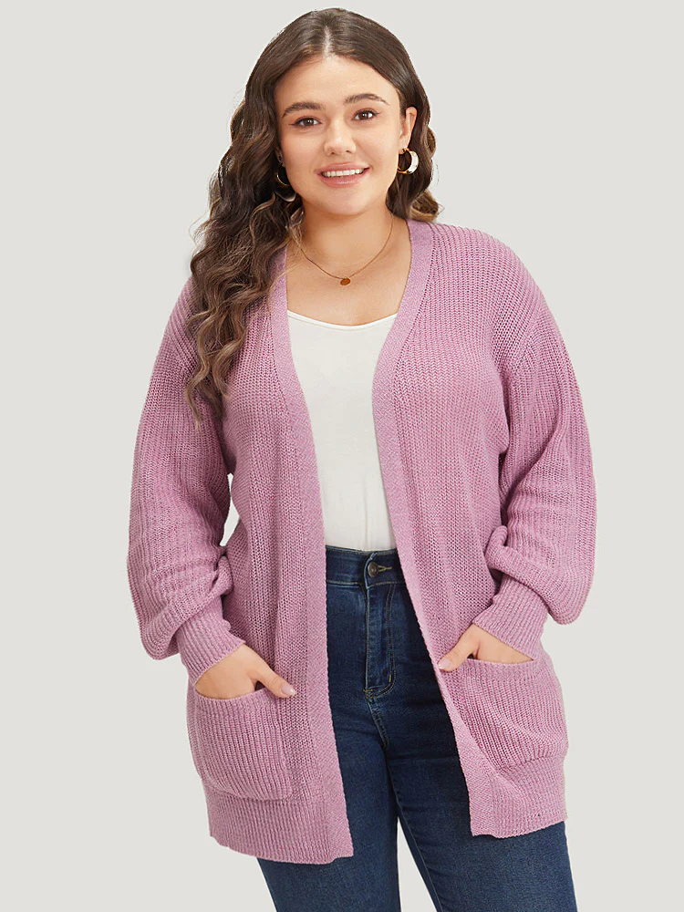 Solid Patched Pocket Lantern Sleeve Open Front Cardigan - Image 5