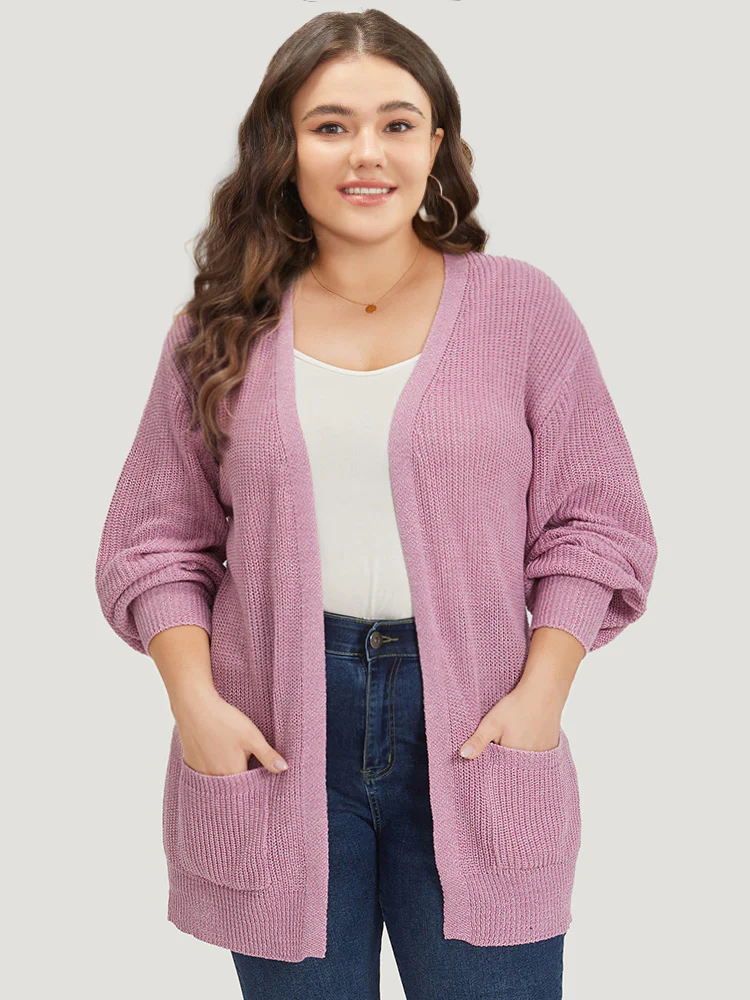 Solid Patched Pocket Lantern Sleeve Open Front Cardigan - Image 6