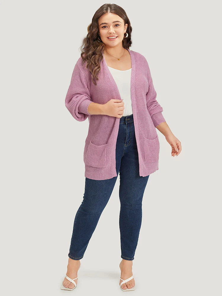 Solid Patched Pocket Lantern Sleeve Open Front Cardigan - Image 7