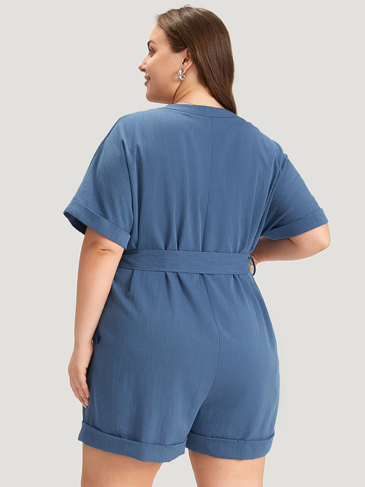 Anti-Wrinkle Solid Patched Pocket Notched Button Up Belt Romper - Image 2