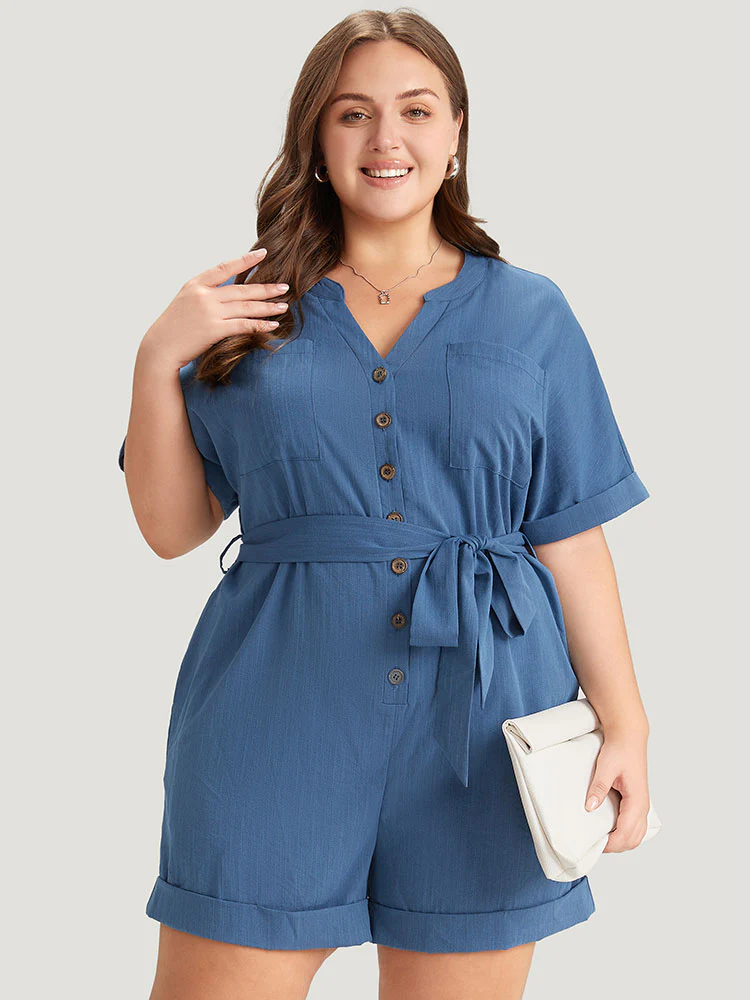 Anti-Wrinkle Solid Patched Pocket Notched Button Up Belt Romper - Image 3