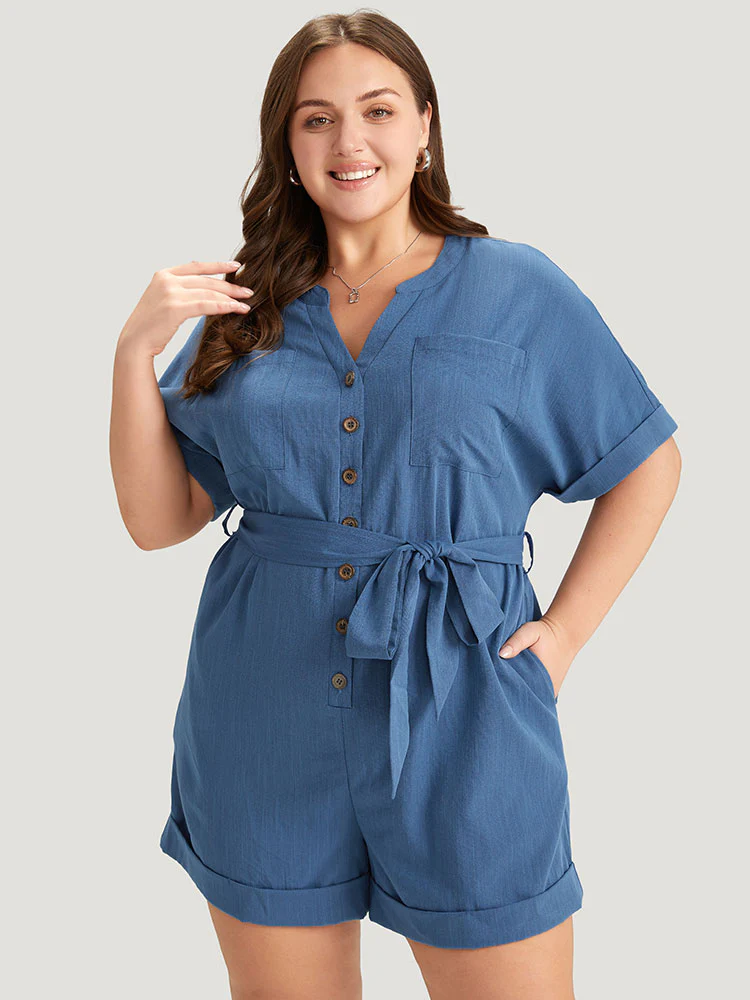Anti-Wrinkle Solid Patched Pocket Notched Button Up Belt Romper - Image 4