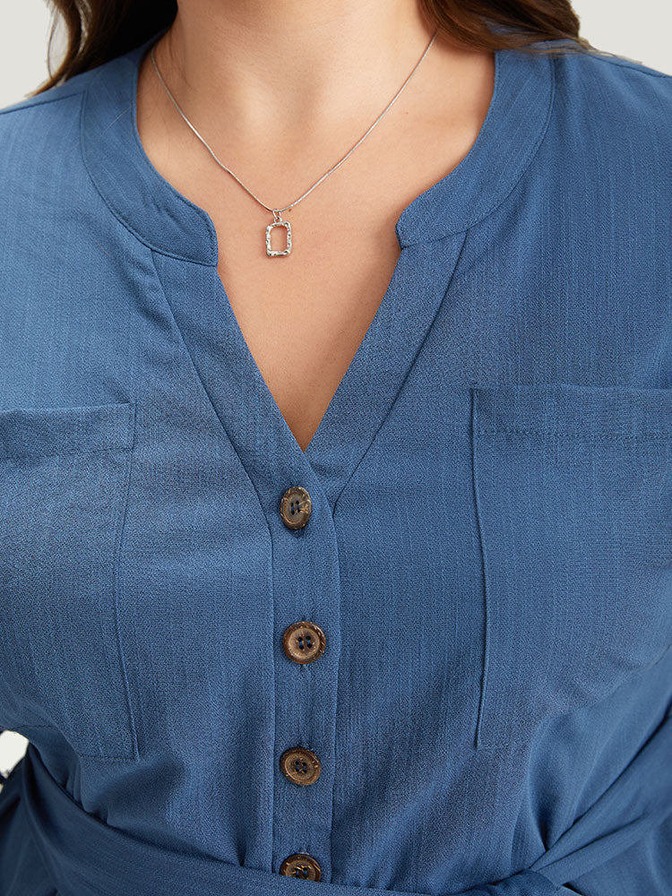 Anti-Wrinkle Solid Patched Pocket Notched Button Up Belt Romper - Image 6