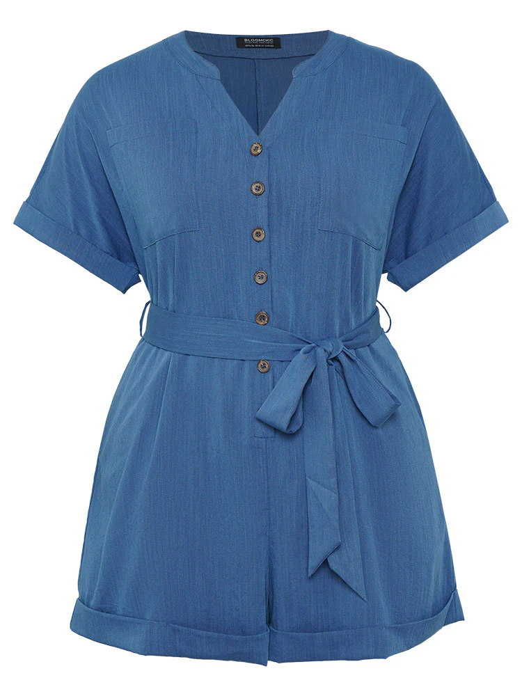 Anti-Wrinkle Solid Patched Pocket Notched Button Up Belt Romper - Image 8