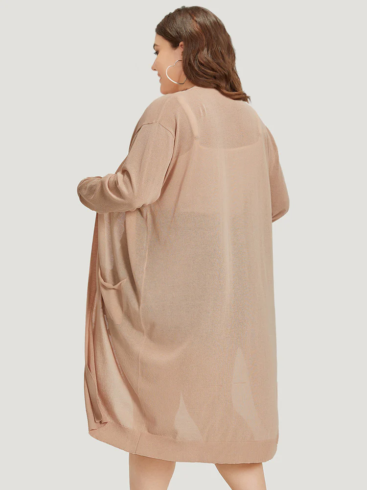 Solid Patched Pocket Open Front Breathable Maxi Cardigan - Image 2