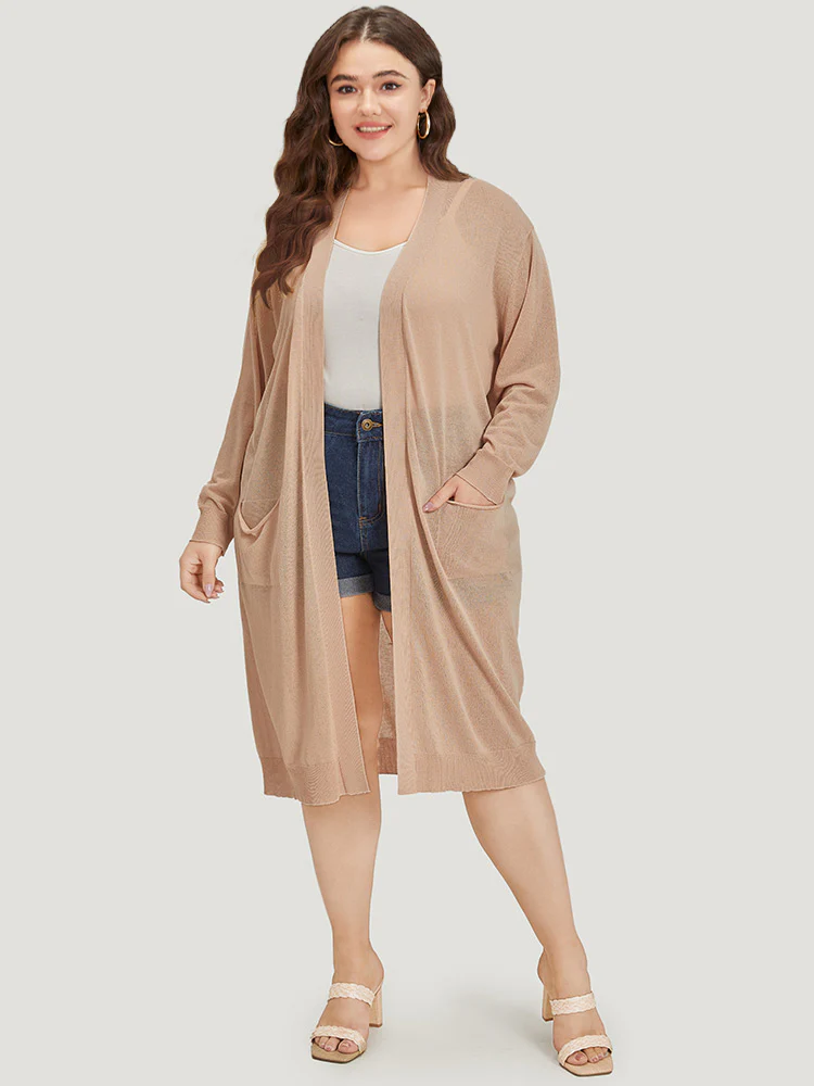 Solid Patched Pocket Open Front Breathable Maxi Cardigan - Image 3