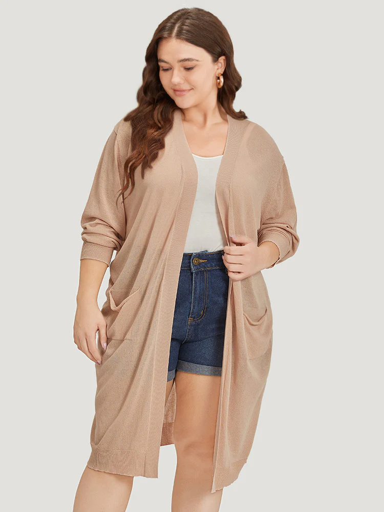 Solid Patched Pocket Open Front Breathable Maxi Cardigan - Image 4