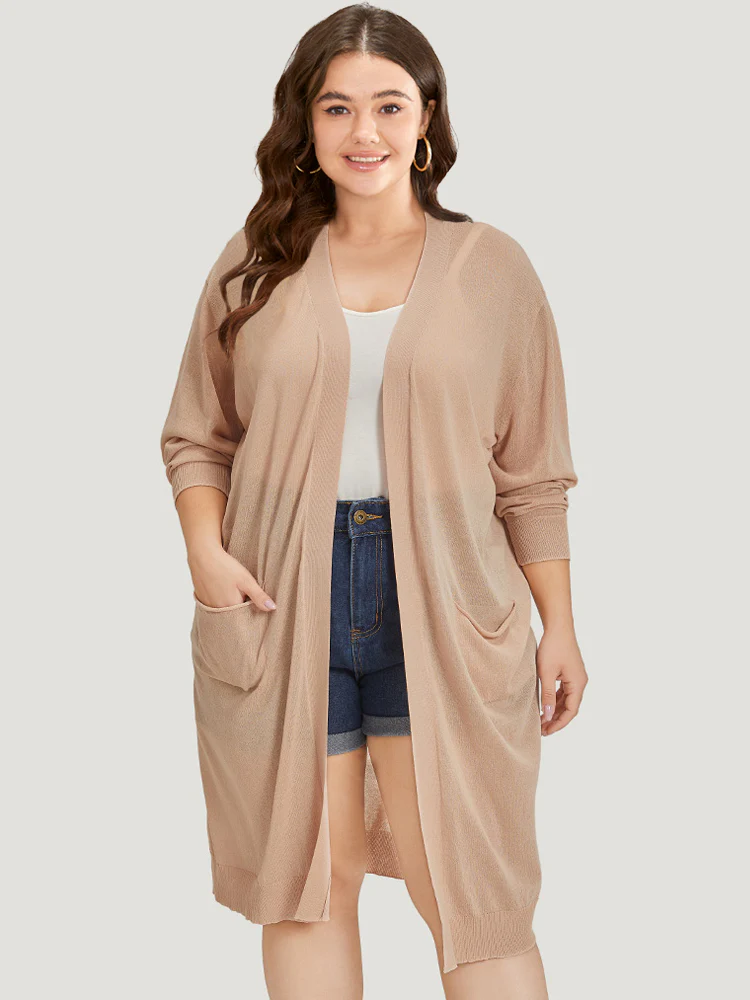 Solid Patched Pocket Open Front Breathable Maxi Cardigan - Image 5