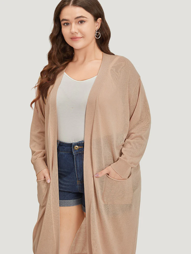 Solid Patched Pocket Open Front Breathable Maxi Cardigan - Image 6