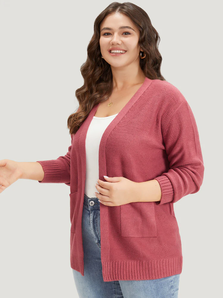 Solid Patched Pocket Open Front Long Sleeve Cardigan - Image 3