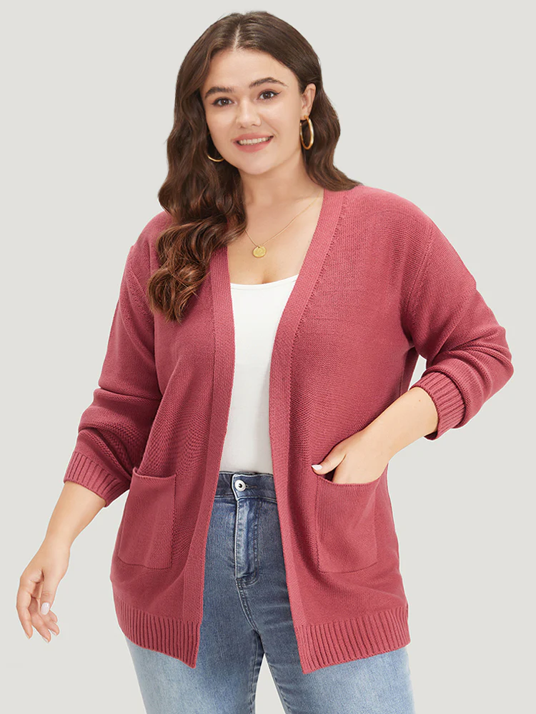 Solid Patched Pocket Open Front Long Sleeve Cardigan - Image 4