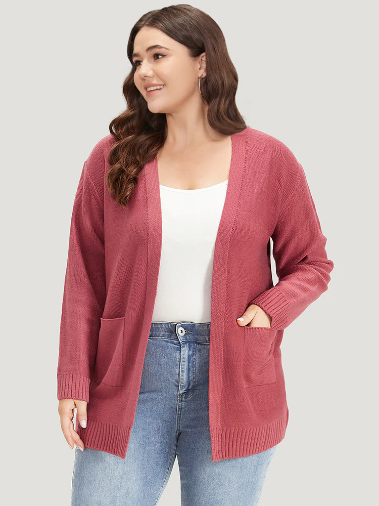 Solid Patched Pocket Open Front Long Sleeve Cardigan - Image 5