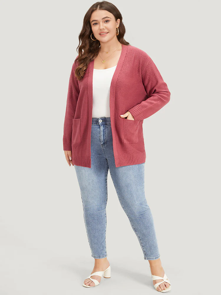 Solid Patched Pocket Open Front Long Sleeve Cardigan - Image 6