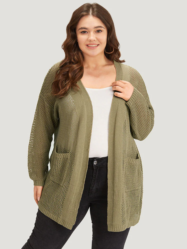Solid Patched Pocket Open Front Patchwork Cardigan - Image 3