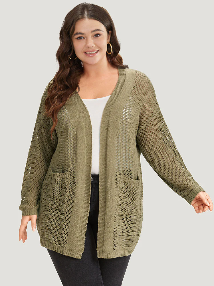Solid Patched Pocket Open Front Patchwork Cardigan - Image 4