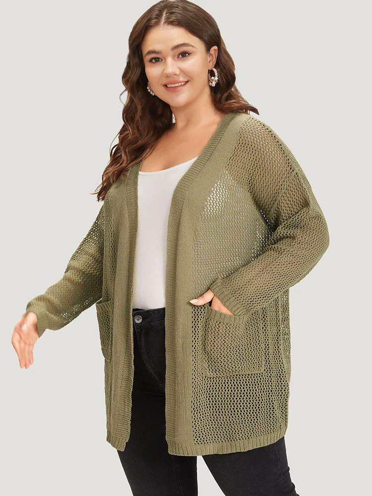Solid Patched Pocket Open Front Patchwork Cardigan - Image 5