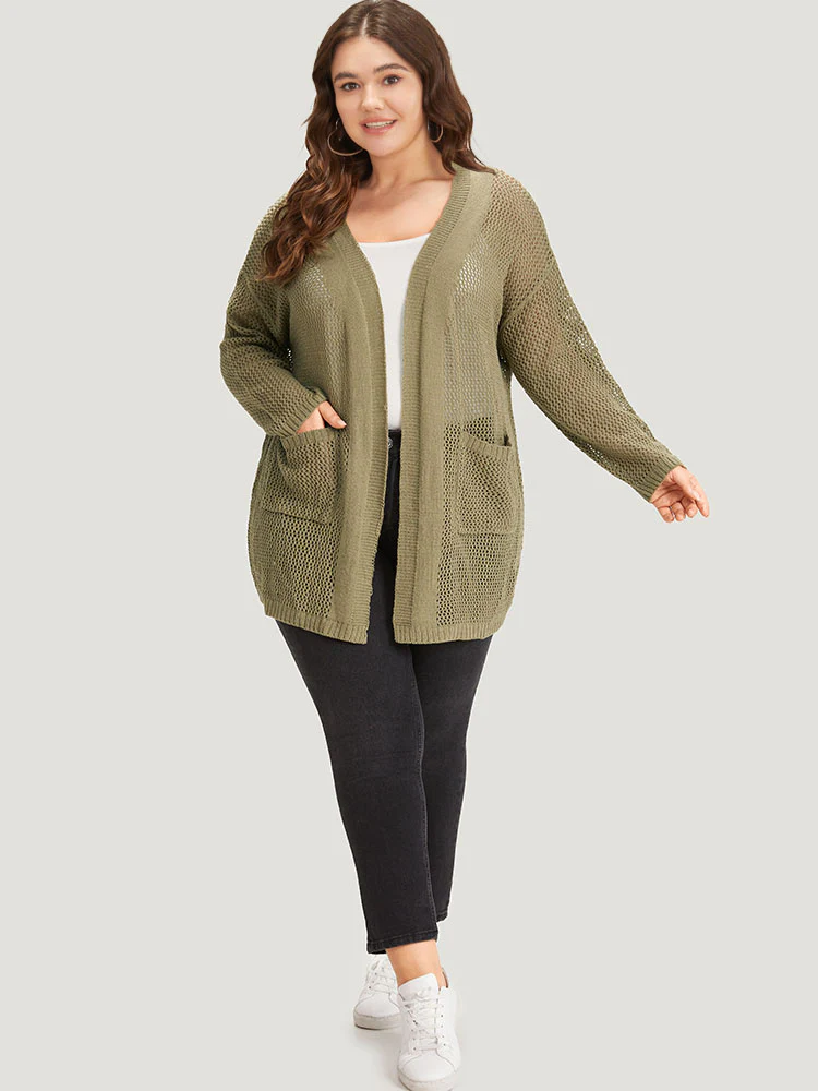 Solid Patched Pocket Open Front Patchwork Cardigan - Image 6