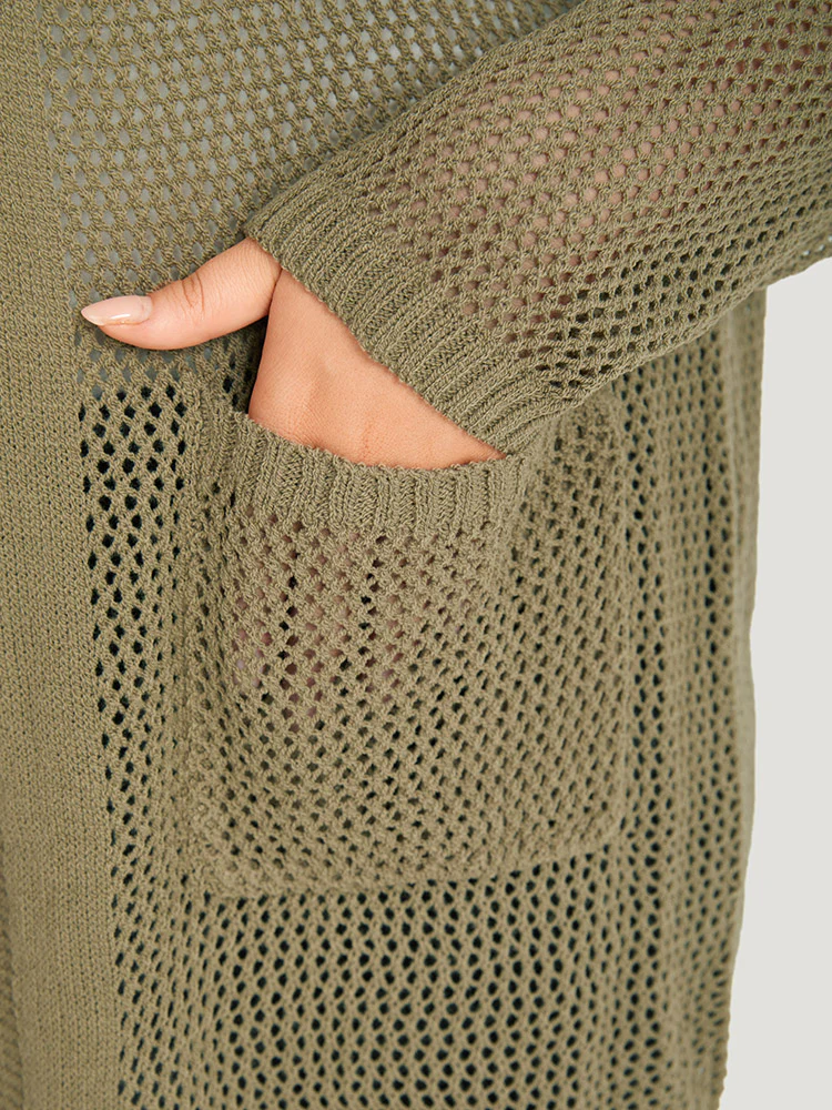 Solid Patched Pocket Open Front Patchwork Cardigan - Image 7