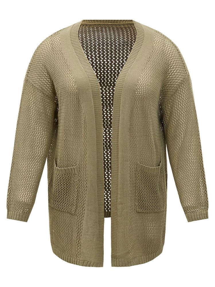 Solid Patched Pocket Open Front Patchwork Cardigan - Image 9