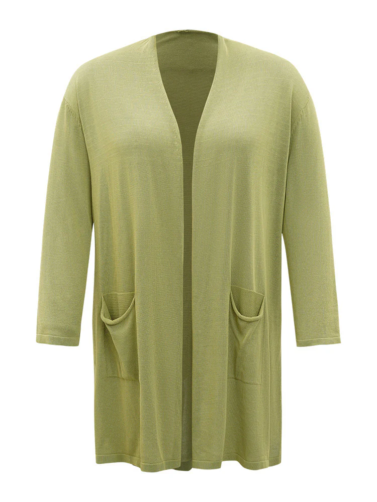 Solid Patched Pocket Open Front Tunic Cardigan - Image 10